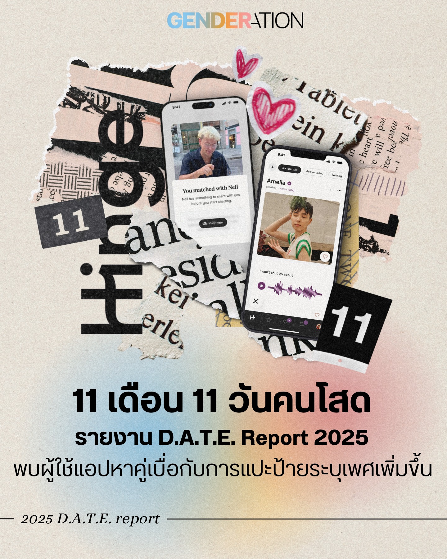 D.A.T.E. Report 2025 วันคนโสด 11 เดือน 11 ผู้ใช้แอปหาคู่เบื่อกับการแปะป้ายระบุเพศเพิ่มขึ้น GENDERATION